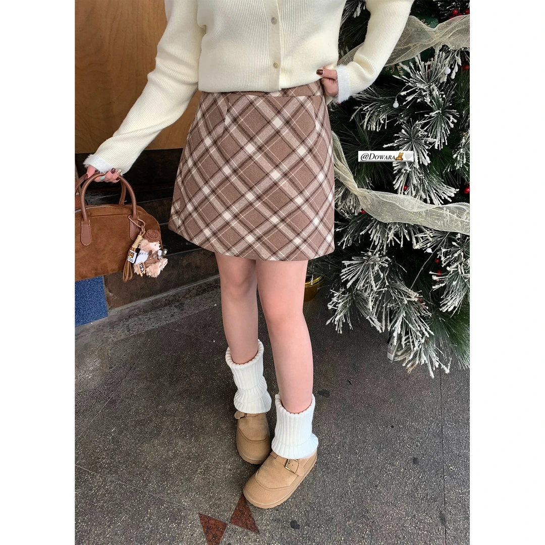 大婉酱微胖定制 秋冬百搭毛呢短款半身裙韩版复古格纹A字裙 7125D