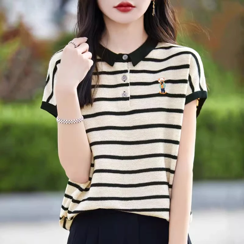 大码女装时尚高端气质POLO领针织衫夏季新款条纹冰丝短袖T恤女士