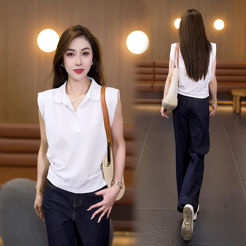 polo领t恤衬衫2025夏季新款无袖百搭时尚纯色小飞袖百搭显瘦上衣