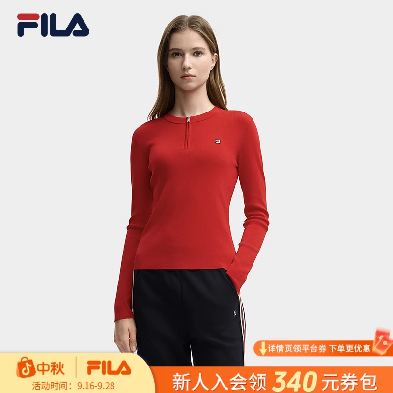 Fila/斐乐早秋新款女士红色半拉链圆领户外运动编织衫F11W548418F