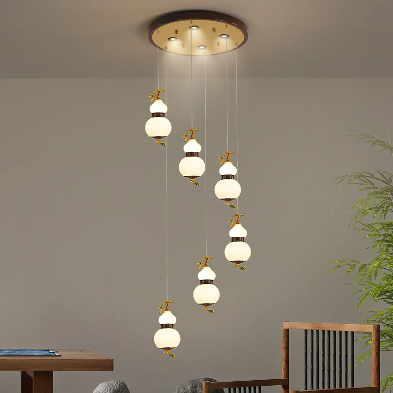 新中式楼梯灯别墅复式楼长吊灯禅意装饰合金电镀彩铜 乌金木灯具