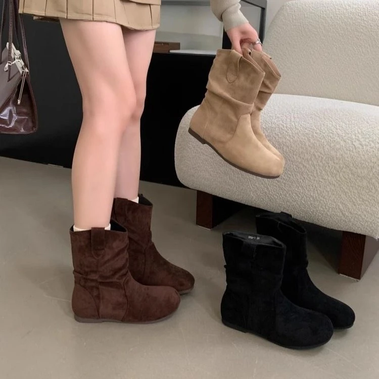 网红爆款堆堆靴女圆头平底短靴2025秋冬显瘦软底小短靴西部牛仔靴