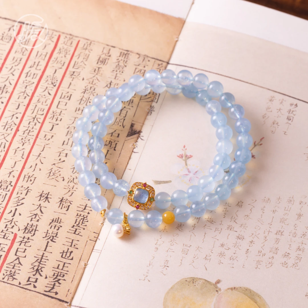 双圈海蓝宝手串6mm搭配福袋吊坠方形配件B1290多样性发一