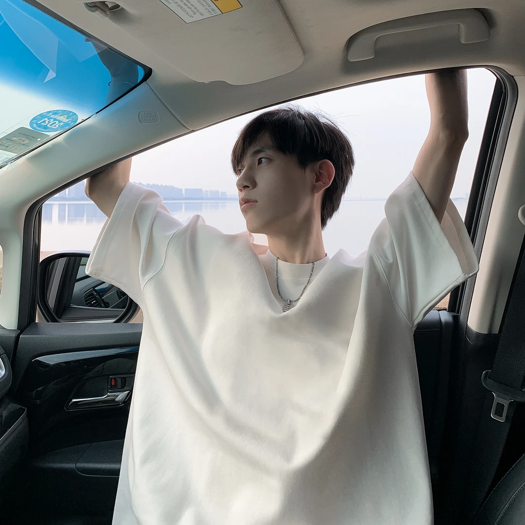 白色纯棉重磅240g短袖T恤男夏季三本针半袖上衣打底衫宽松五分袖