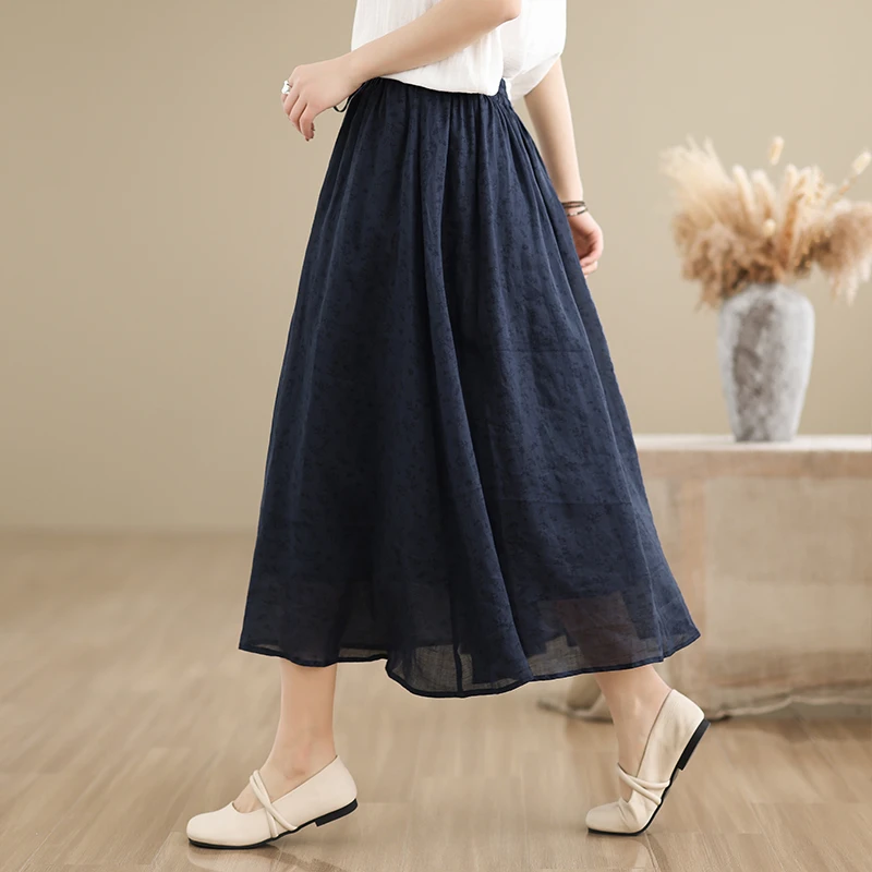文艺复古黑蓝色暗纹印花大摆裙子棉麻双层半身裙女式2025夏季新款