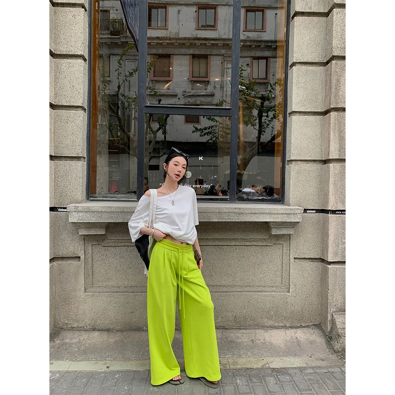 夏季新款简约时尚纯欲露肩宽松短袖T恤上衣高腰直筒宽松阔腿裤女