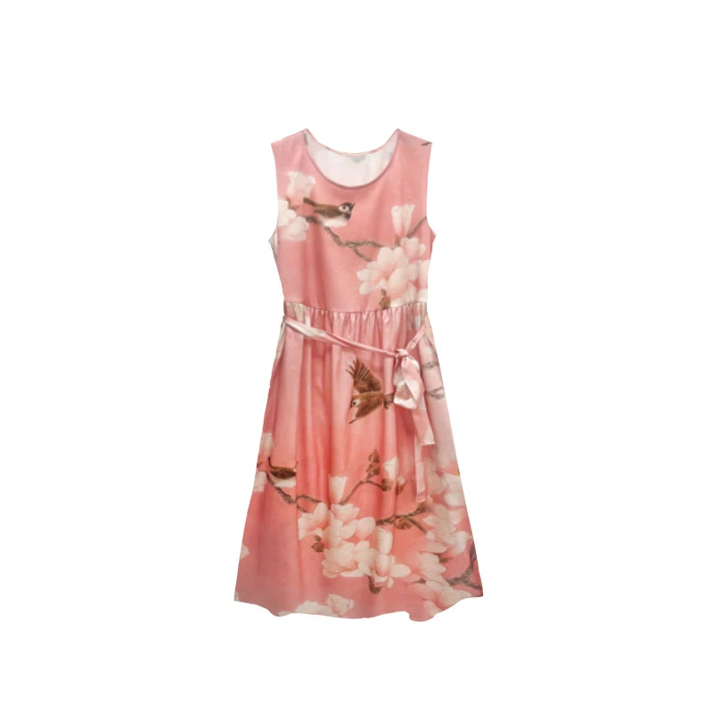 【橙庐】101504原创艺术家万芾联名玉兰花鸟提花弹力缎桑蚕丝背心裙