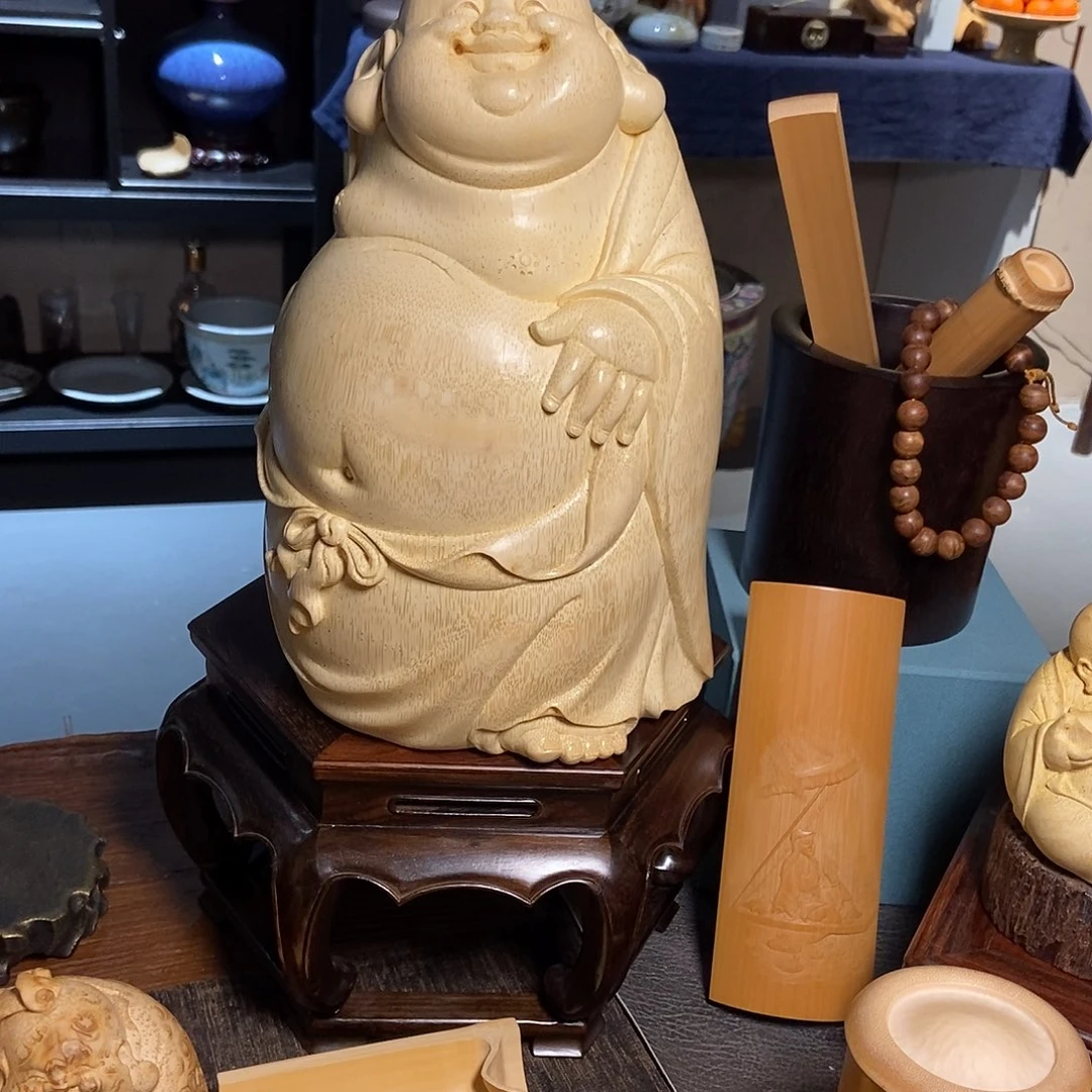 香榧木精品竹根雕弥勒摆件
