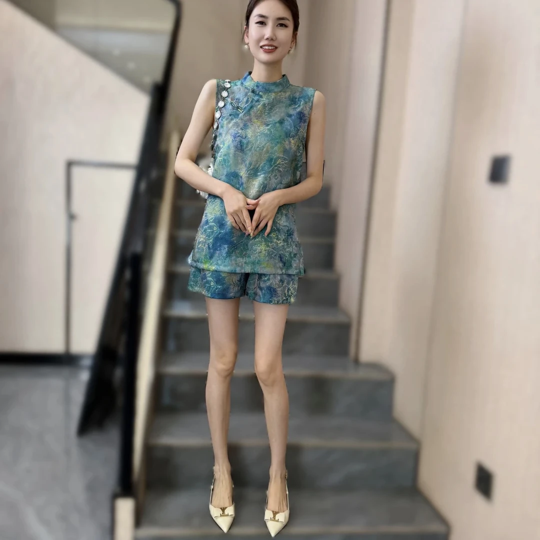 复古国风新中式上衣短裤女小个子别致显瘦高级感套装