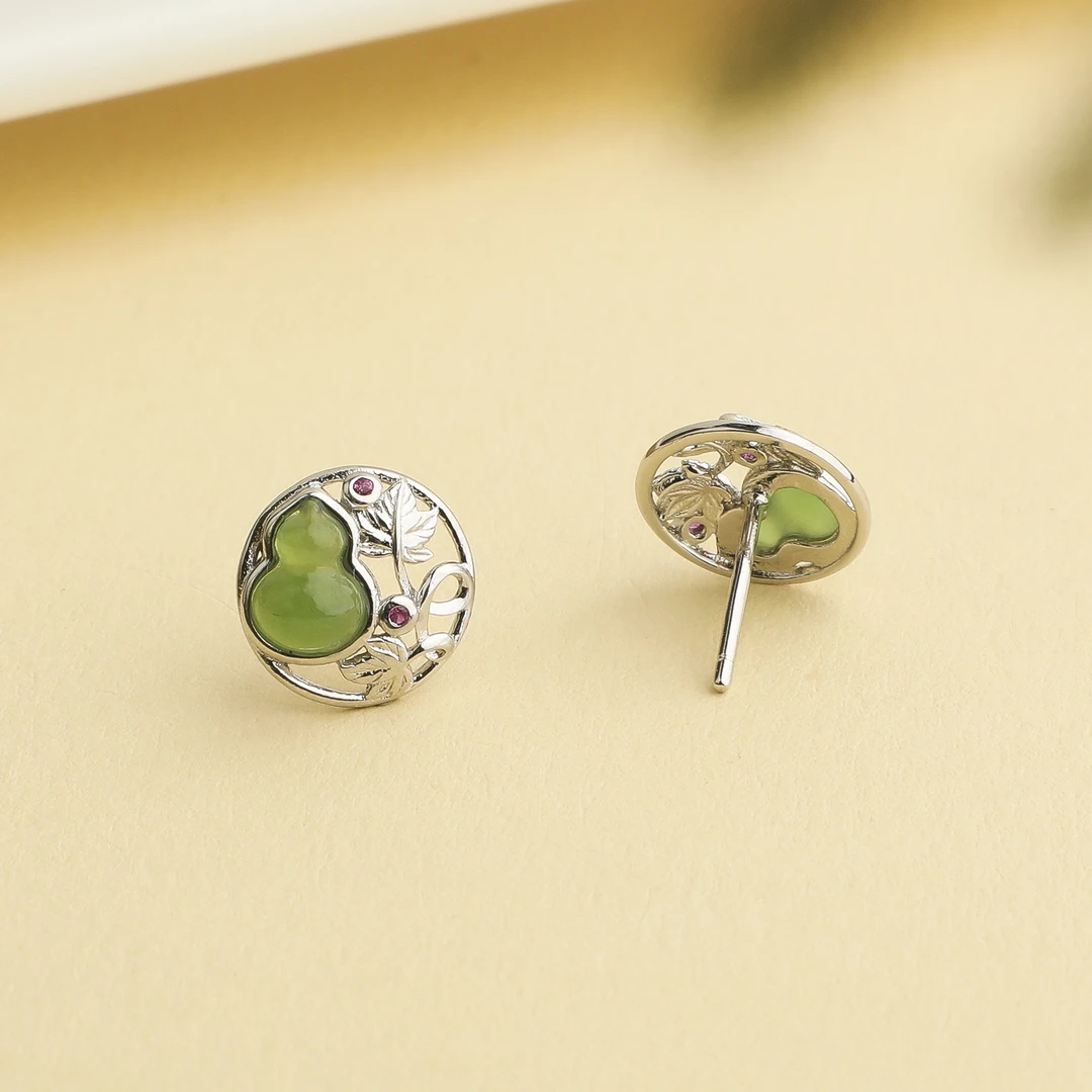 （桃）新中式和田碧玉葫芦圆耳钉精工镶嵌高级耳钉（尺寸约11.3mm）