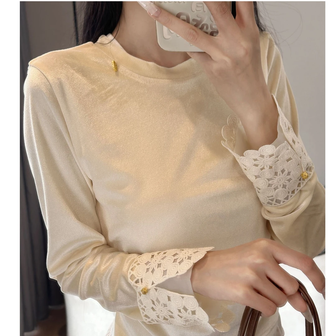 【丝绒打底】设计感拼接袖口修身长袖T恤女冬季收褶打底上衣-11811