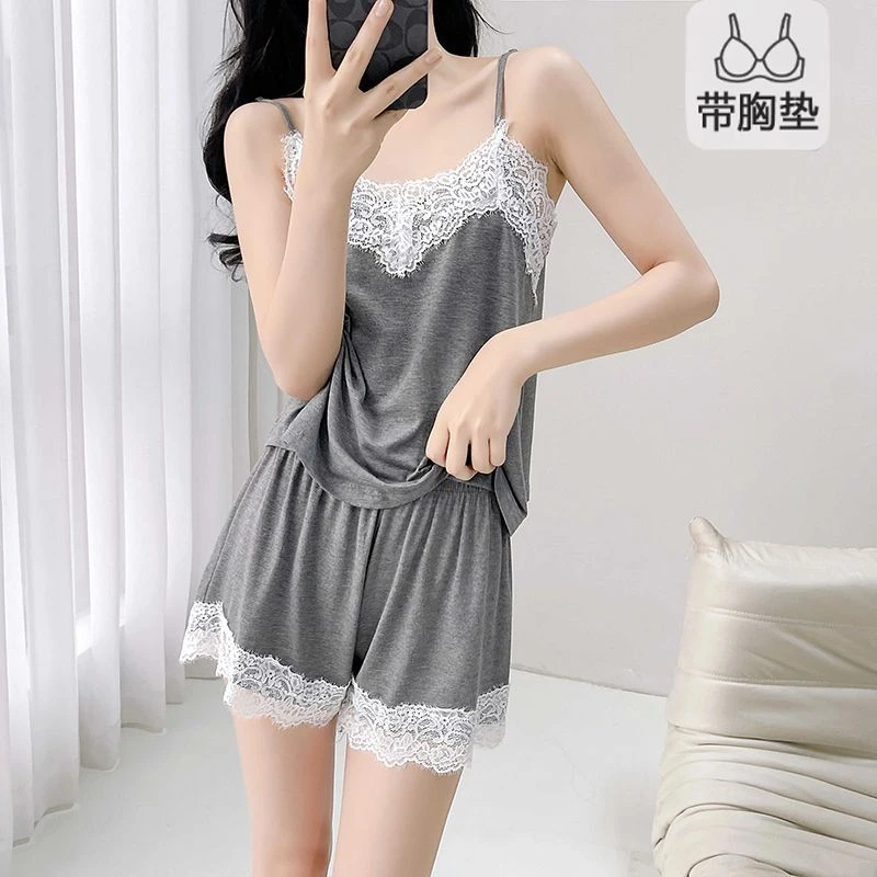 带胸垫吊带睡衣夏季黑色蕾丝露背性感睡衣夏天莫代尔纯欲风家居服