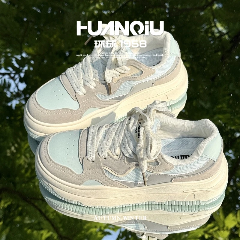 HUANQIU/环球透气板鞋女款2025夏季新款时尚百搭厚底增高休闲女鞋