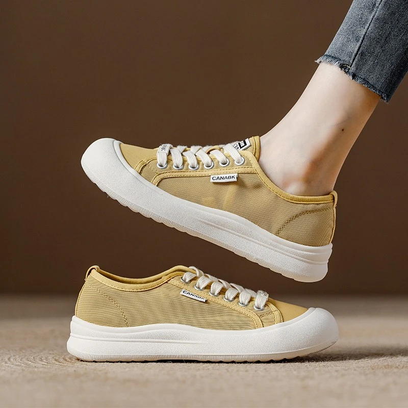 厚底帆布鞋女2025夏季新款爆款小白鞋网面透气软底黄色休闲板鞋女