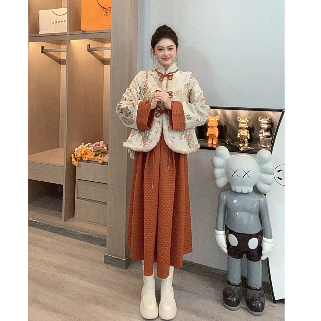 【祈福少女】洋气辣妈新中式加绒加厚套装裙2024秋冬半身裙两件套