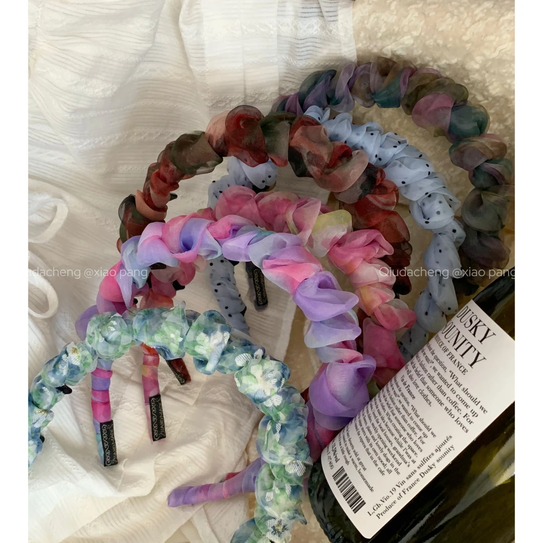 炫彩渐变超仙褶皱网纱波浪发箍女夏季带齿防滑高颅顶头箍发饰