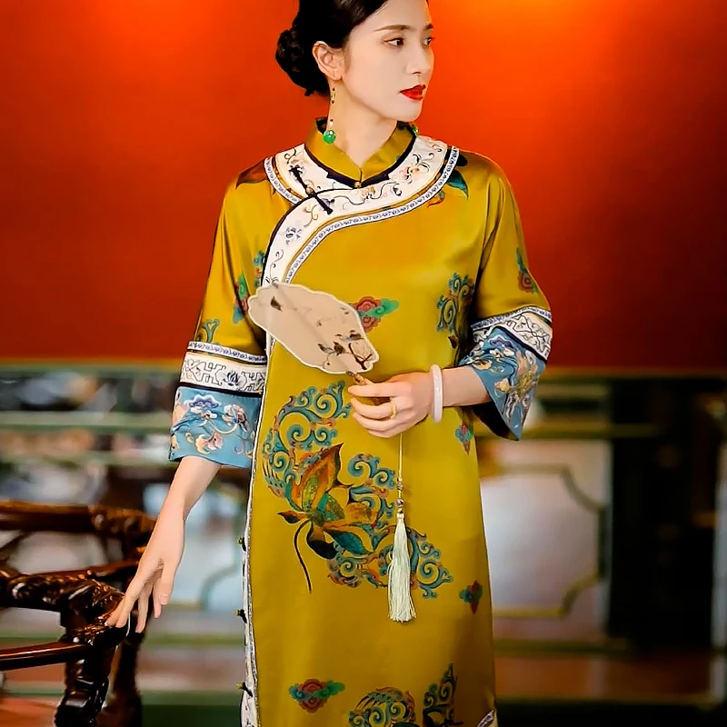 复古日记“卿风”专柜同款!重缎香云纱满印仿清旗袍连衣裙24GLT401