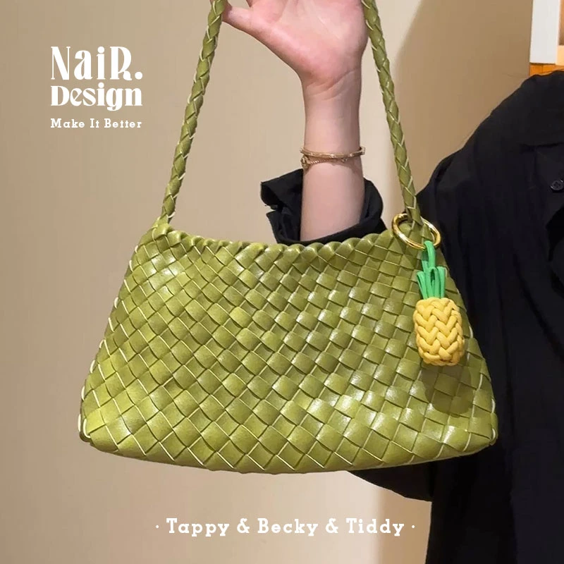 古莉奈尔椰树绿牛皮编织包高级小众包包女手提单肩通勤度假感包