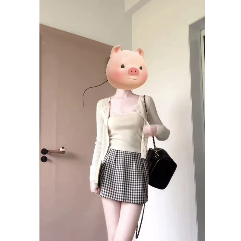 早秋新款穿搭针织开衫吊带上衣两件套女韩系复古格纹高腰显瘦短裙