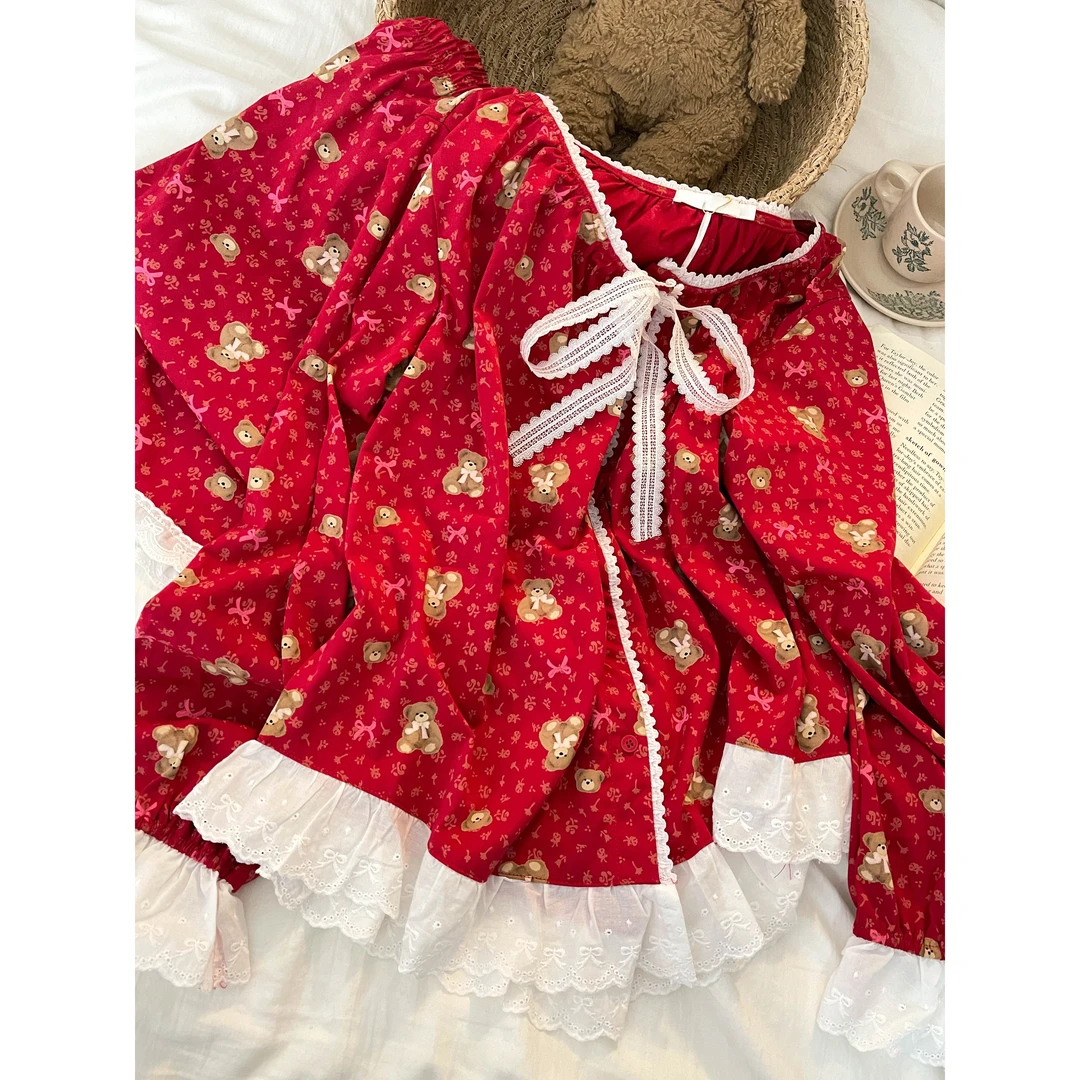 【小熊花边】本命年红色喜庆甜美睡衣春秋2025女款长袖家居服套装