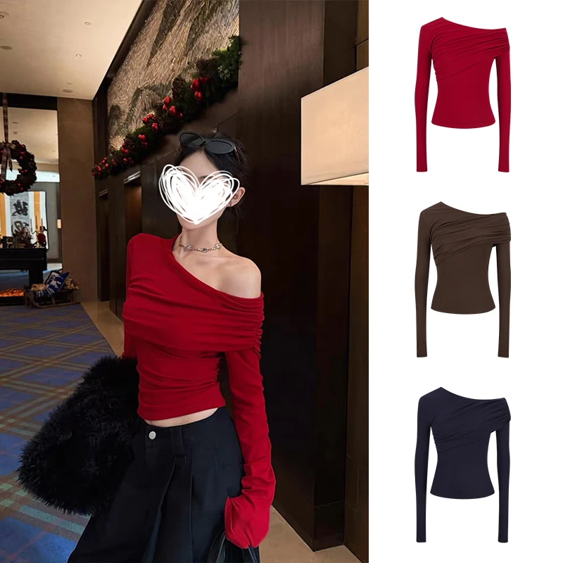 Moses Queen/魔西女王褶皱斜肩长袖收腰t恤女露肩上衣显瘦打底衫