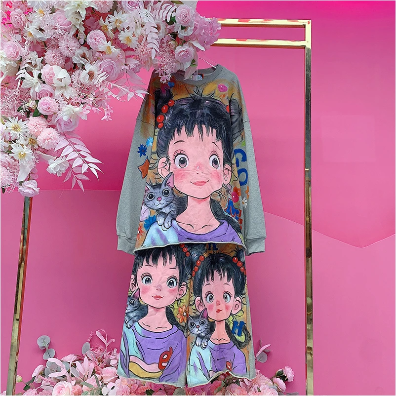 B681欧美设计师2025冬季新款重工手绘卡通女孩宽松休闲卫衣套装女