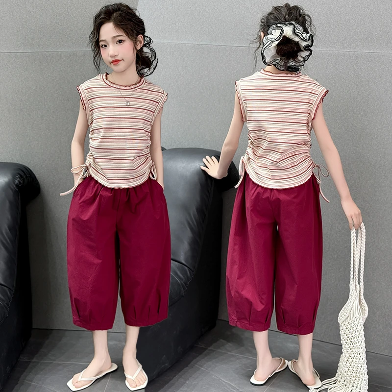 女童夏季无袖套装2025新款儿童夏装条纹上衣女孩休闲萝卜裤两件套