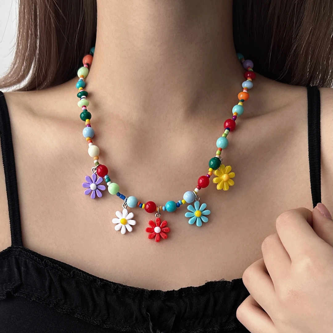 合金亚克力项链 X5496-1甜美精致轻奢百搭小众可爱彩色雏菊花项链
