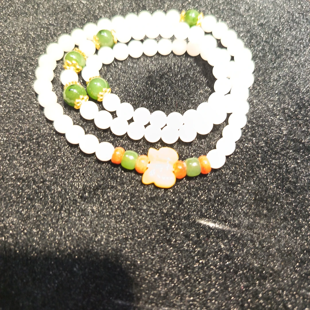 和田玉白玉配碧玉蜜蜜蜡多宝108颗3圈，珠径6.2mm蜜蜡胡蝶碧玉搭配