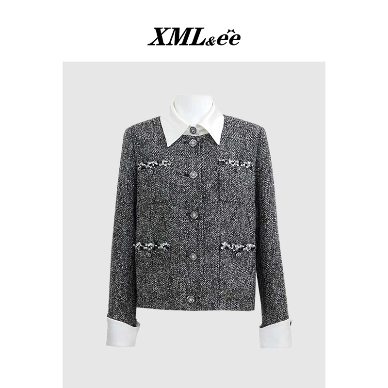 XMLee艾米尔 黑色粗花呢手工钉珠小香风外套 X432J5156
