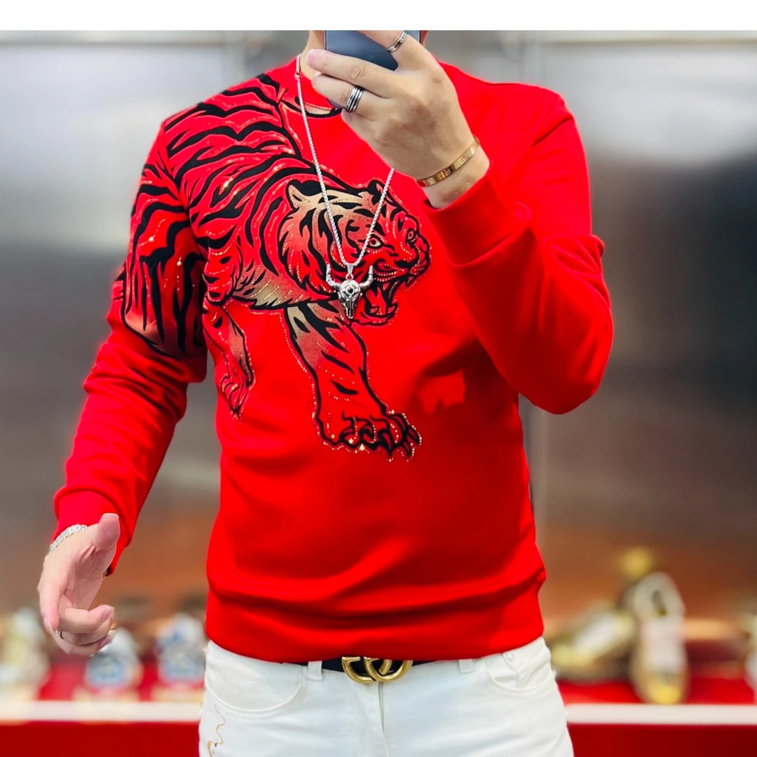 长袖恤男士秋春秋季新款高清植绒烫钻时尚打底霸气过肩虎长袖卫衣