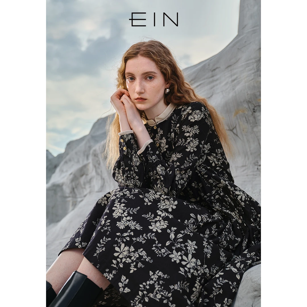 EIN/言25年秋冬季新款文艺复古中式立领印花高腰碎褶长袖连衣裙女