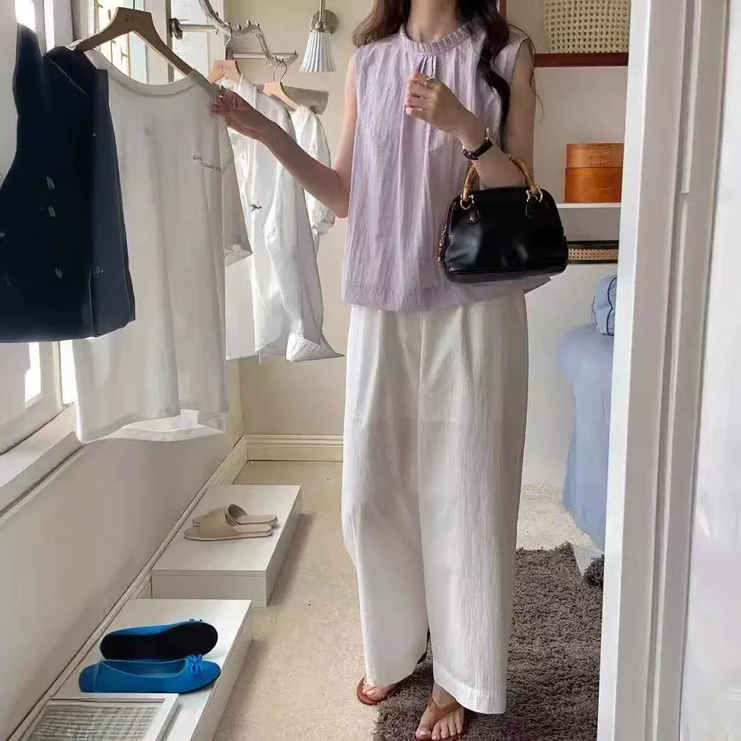 韩系木耳边无袖衬衫女套装