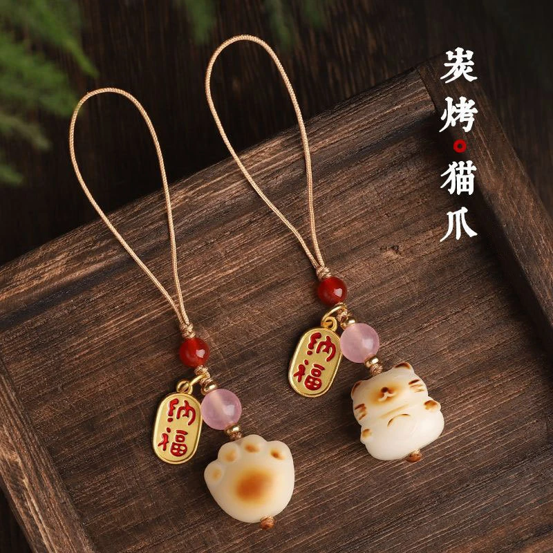 仿白菩提根炭烧猫爪招财猫手机链挂绳吊坠可爱女手机壳钥匙扣挂件