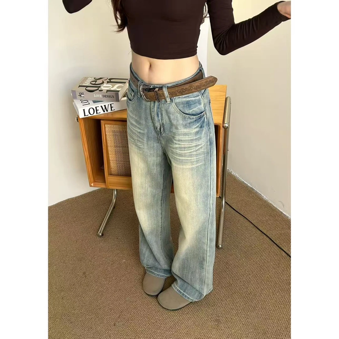 【NIKO】百搭复古做旧中低腰宽松垂感水洗阔腿无弹牛仔裤