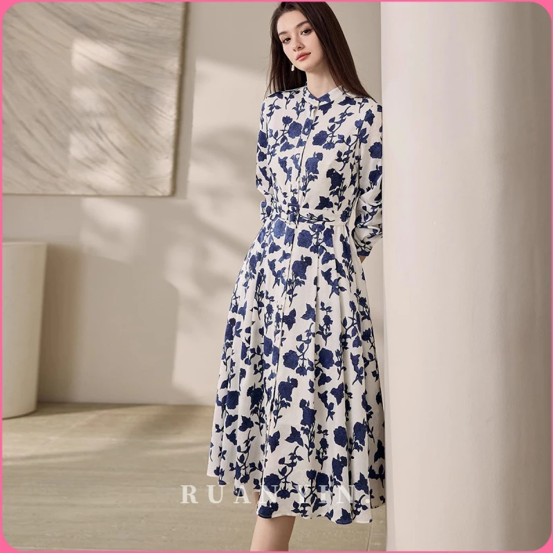 RUAN YIN气质提花缎面连衣裙女秋季新款法式系带大摆衬衫裙