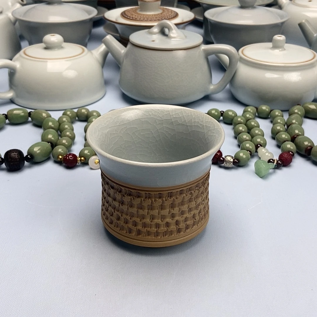 杯仿古月白重工跳刀马蹄杯原矿原釉原产地