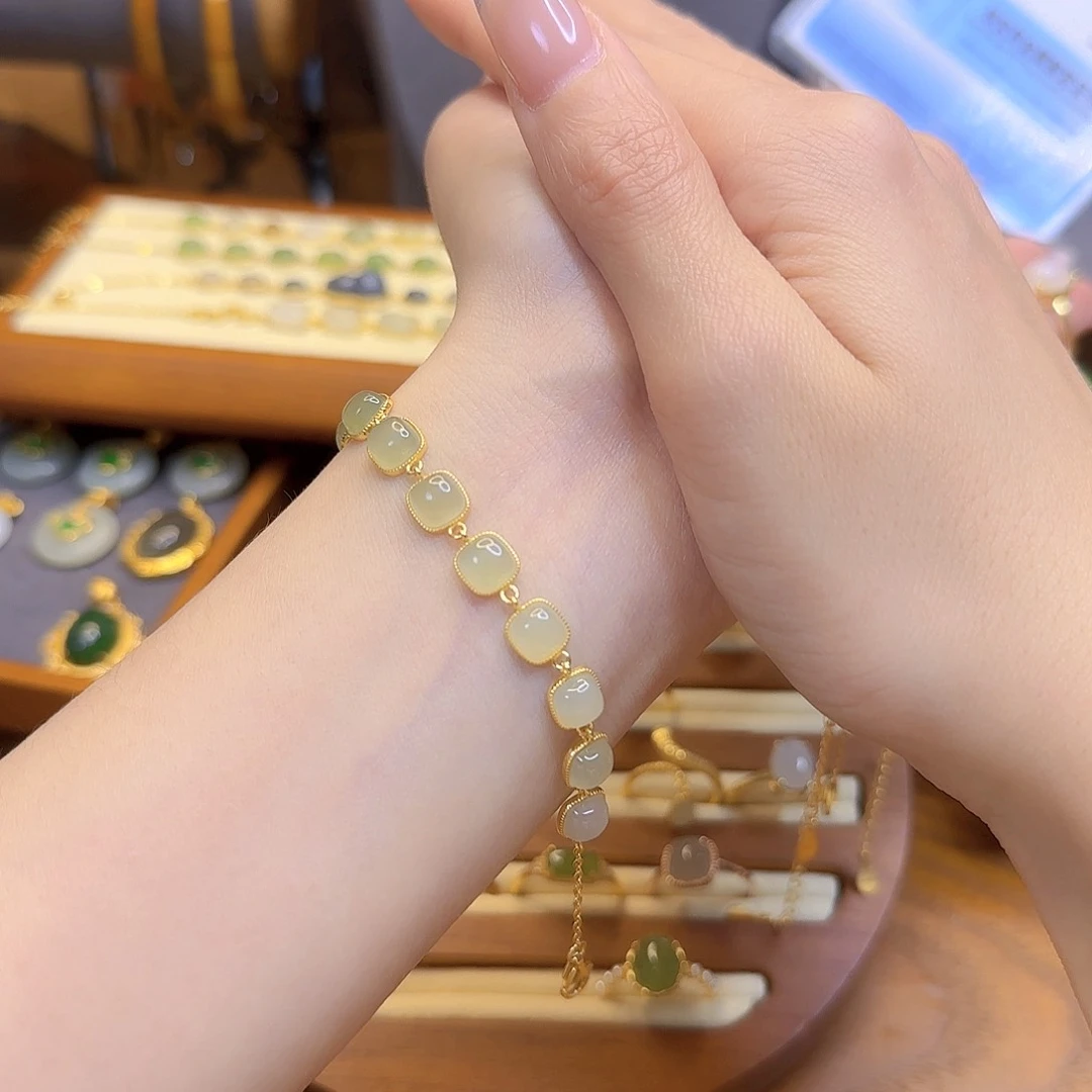 和田玉手链银S925镀金镶嵌晴水渐变手链