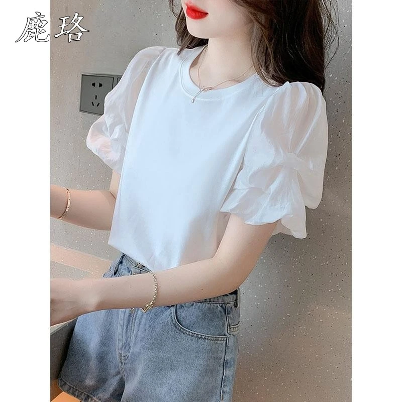 白色短袖T恤女夏季冰丝泡泡袖上衣2025新款爆款半袖减龄洋气小衫