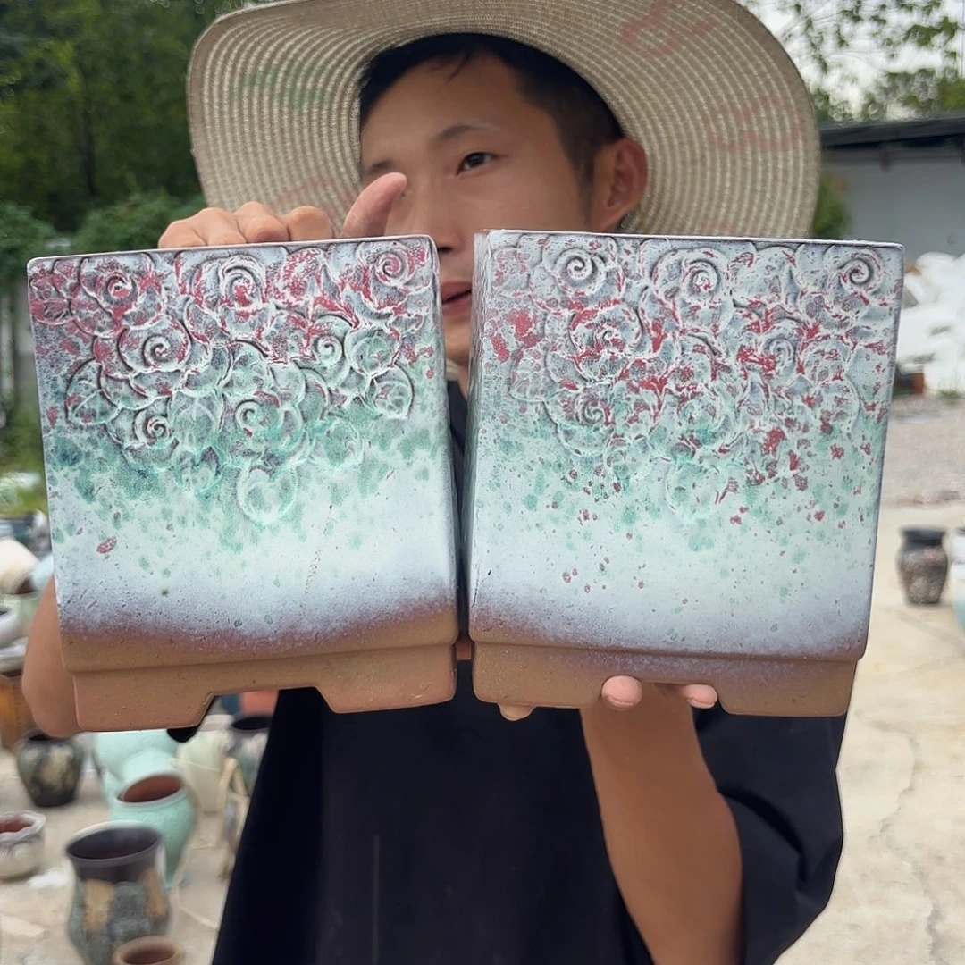 紫砂花盆粉玫瑰方两个口径15*18