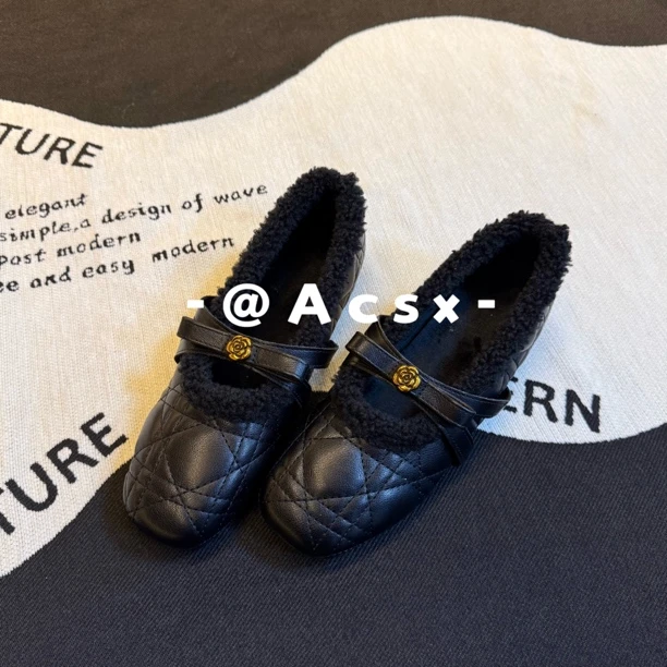 【阿茶】菱格小香~跟高4CM /2025秋冬新款加绒加厚韩版芭蕾鞋单鞋女