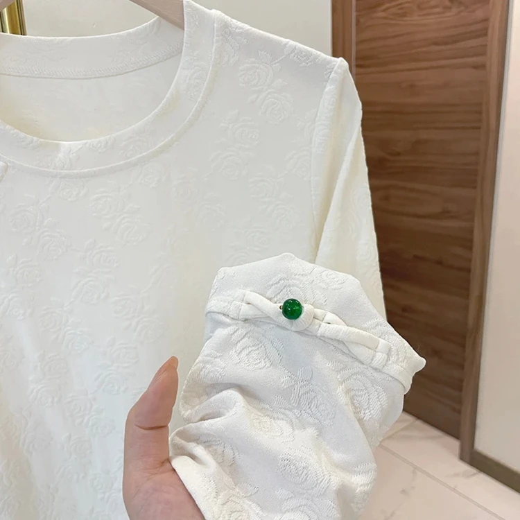 年轻中式国风提花袖口刺绣长袖2025T恤新款磨毛遮肉中年打底上衣