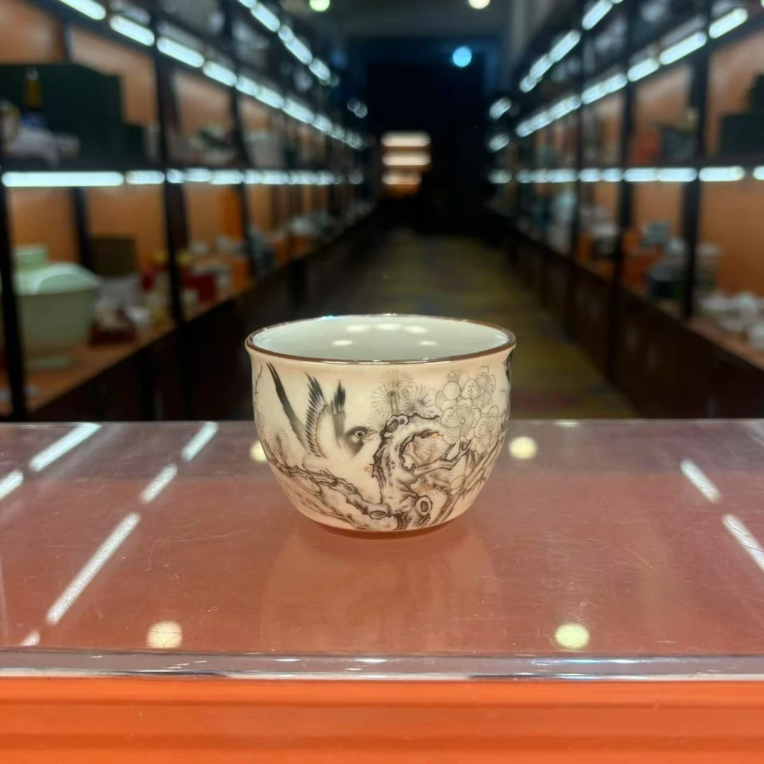 秋香茶具 水墨梅花喜上眉梢铜钱杯底主人杯茶杯品茗杯-5301