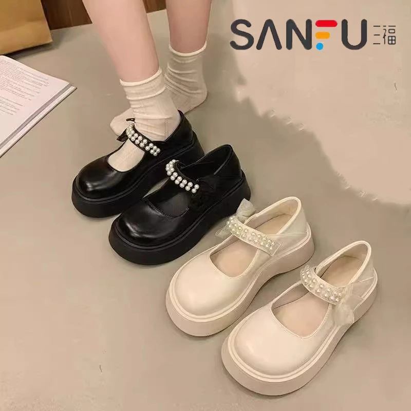 SANFU/三福温柔松糕厚底玛丽珍鞋女2025春夏新款绝美配裙子小皮鞋