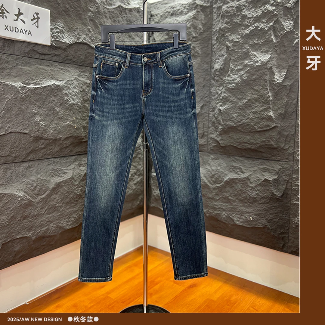 【大牙】1022#深蓝色牛仔裤2025秋冬轻奢休闲高端男士修身小直筒裤