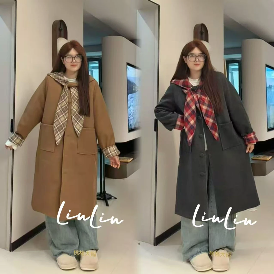 新款大码胖MM学院风复古简约纯色夹棉中长款风衣