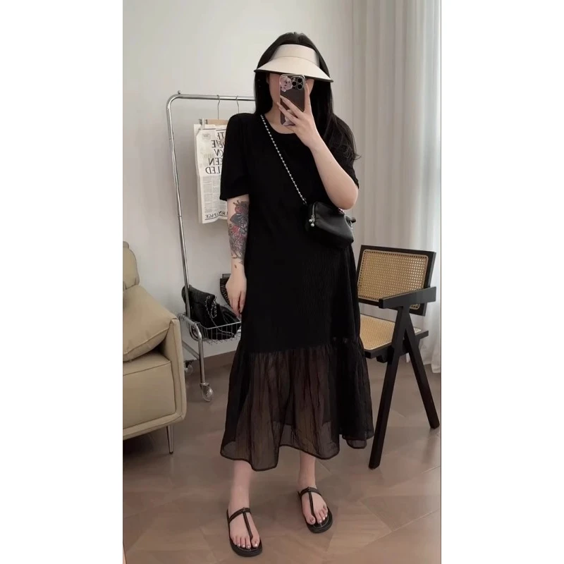 2025夏季新款法式赫本风拼接连衣裙小众设计感遮肉显瘦洋气小黑裙