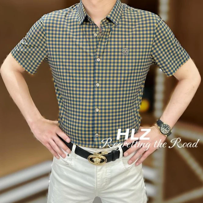2025夏季新款修身格子印花休闲个性时尚百搭显瘦男士衬衫短袖T恤