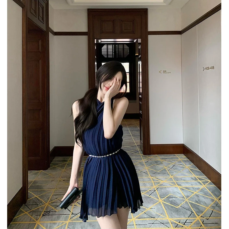 【古早韩味】挂脖连衣裙女夏蓝色裙礼服蓝色褶皱连身裙裙子