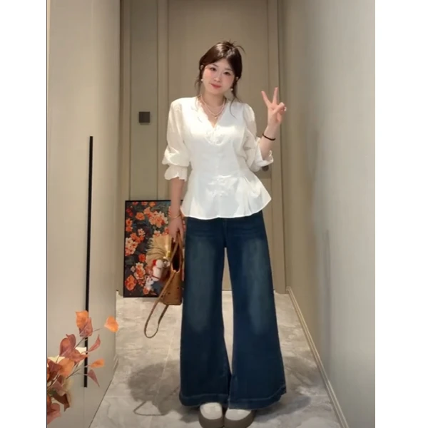 2025秋季新款大码女装胖MM法式蕾丝拼接长袖衬衫女显瘦上衣8287